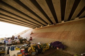  Forcibly displaced Yazidi Kurds camp under a bridge in a city in northern Iraq.  (Photo by Joseph Rose)