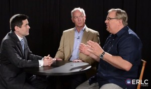 Rick Warren (right), pastor of Saddleback Church, speaks in a video panel with Russell D. Moore (left) of the SBC Ethics & Religious Liberty Commission, and Kentucky pastor Tony Rose, chairman of a Mental Health Advisory Group