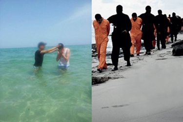 baptism (left) ISIS leads Coptic Christians to their beheading on Libyan beach (right)